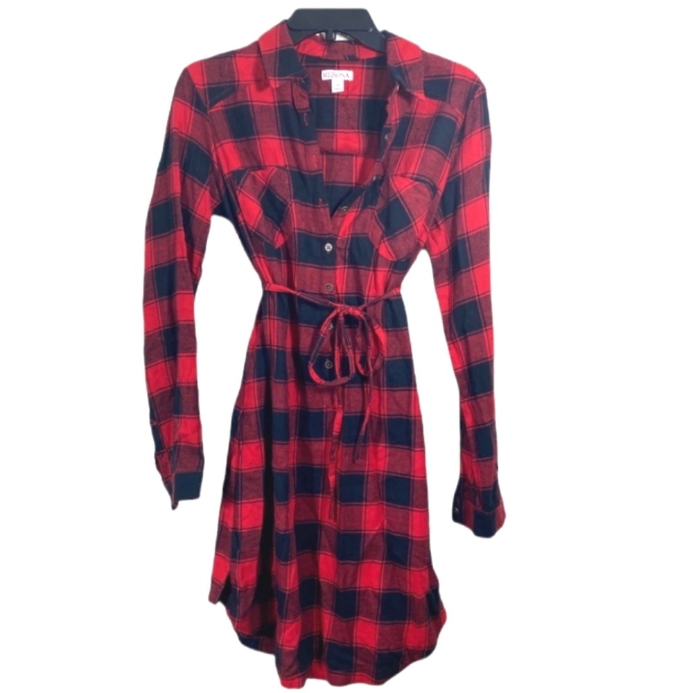 ❤6 for $12 Long Sleeve Red Black Buffalo Plaid Flannel Shirt Dress Button Down